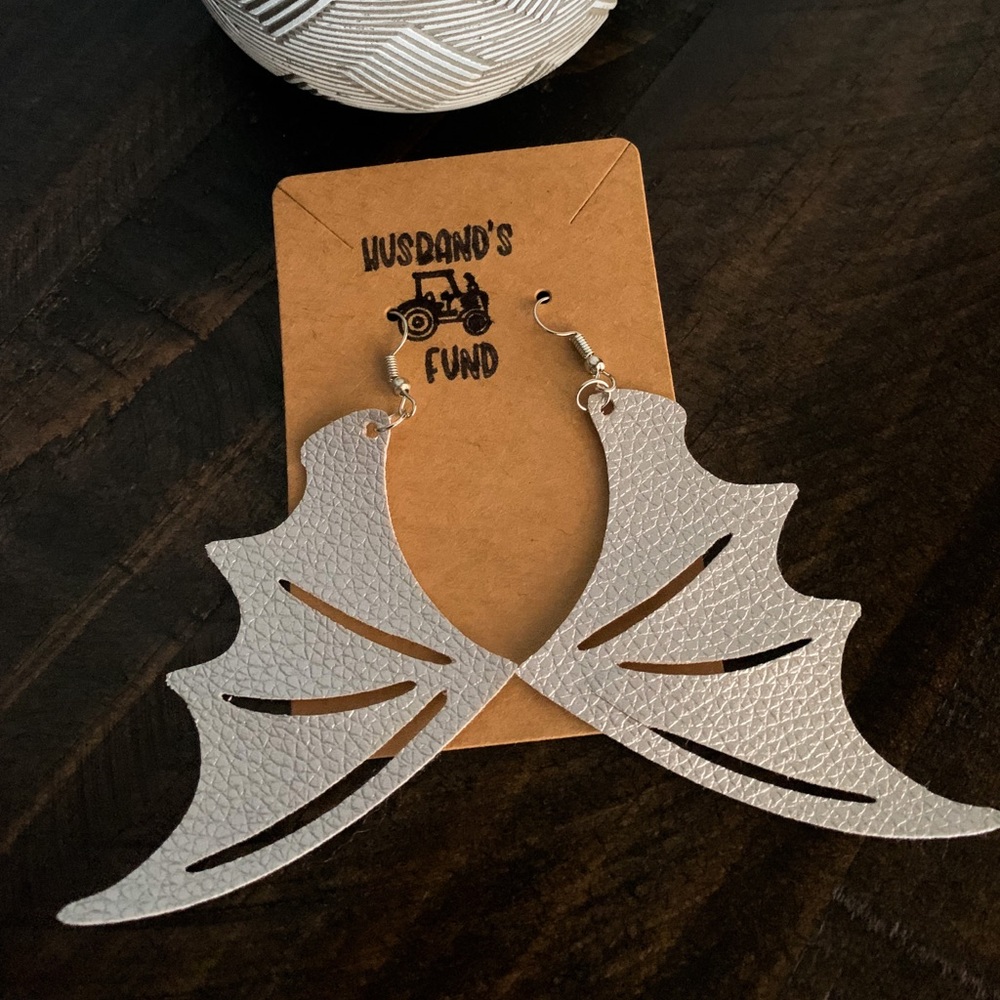 Faux Leather Silver Bat Wing Earrings